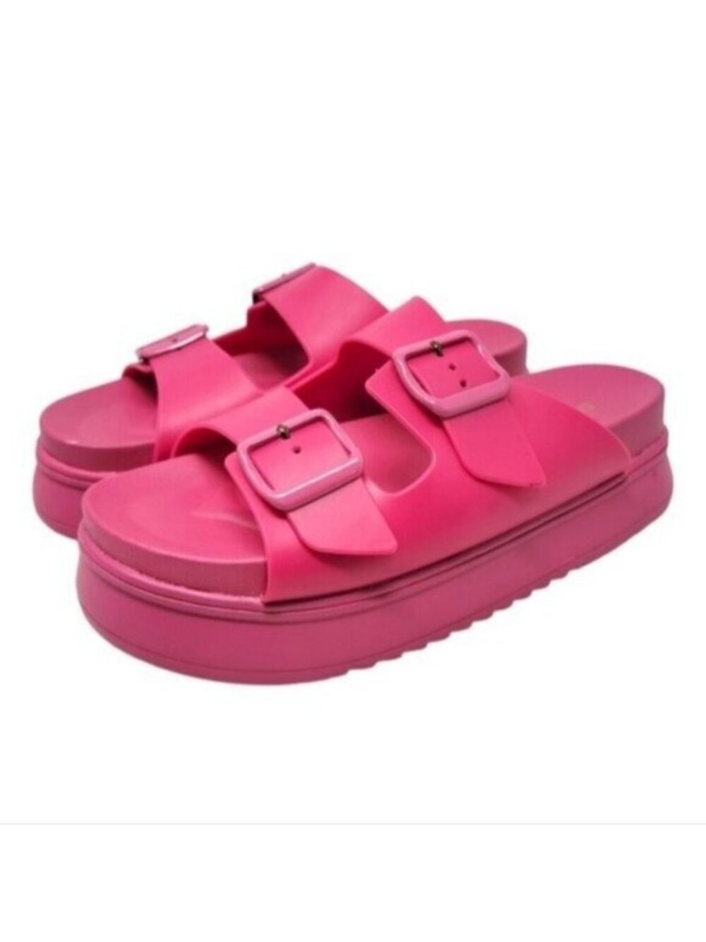 Truffle Collection | Chunky Platform Buckle Front Slides Sandals Neon Pink